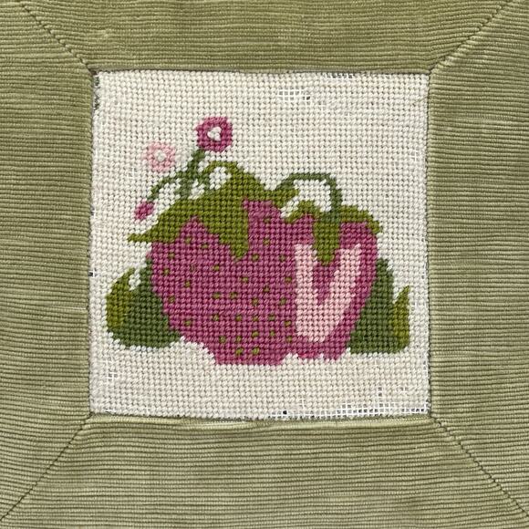 Vintage Strawberry Floral Needlepoint Pillow Velvet Back 13”x13” Cottage Grandma - Picture 1 of 10
